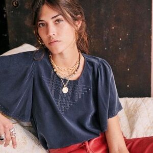 Sézane Matty Ruffle Silk Short Sleeve Blouse | Sz FR 38 (US 6) | Navy Blue